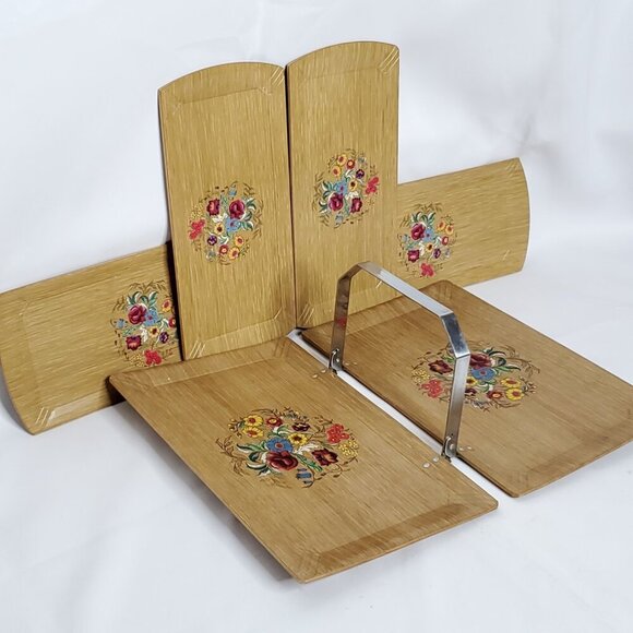 Floral Serving Trays Wood MCM Appetizers Starters Snacks Cottagecore Hasko (5) - Picture 2 of 8